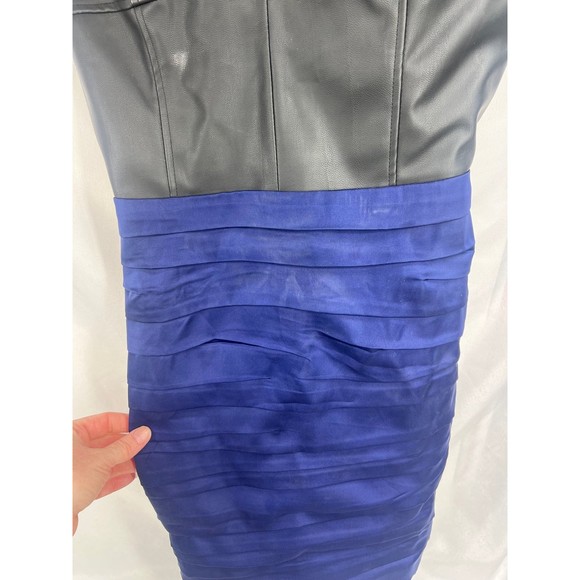 Express Sz 12 Blue & Black Mini Dress Club Evening Pleather Ruched Strapless - Picture 2 of 5